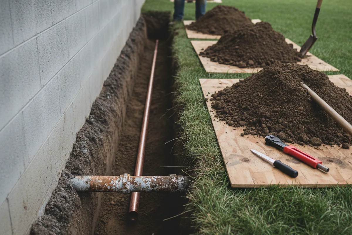 Excavated water line trench during Water Heater Repair in Stacy
